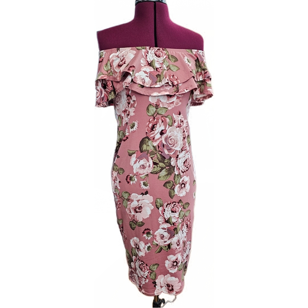 Hello Miss Ruffled Off-Shoulder Bodycon Floral Stretch Midi Dress Womens